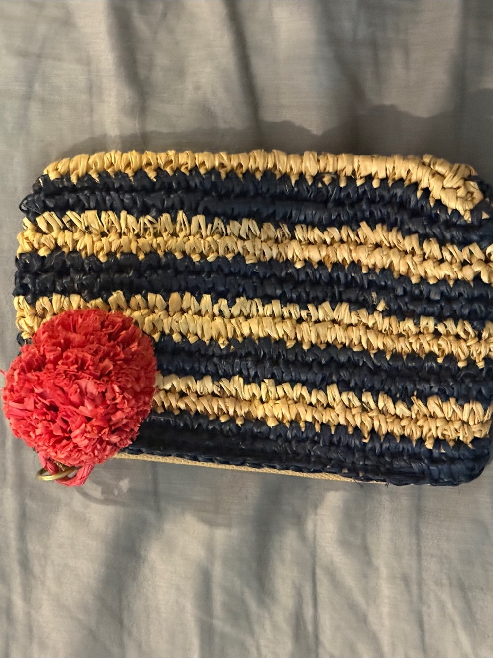 J. Crew Striped Woven Mini Clutch with Red Pom